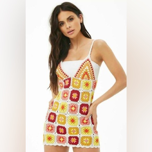 Forever 21 Granny Square Crochet Festival Beach Swim Coverup Dress Tank Top - Picture 1 of 5